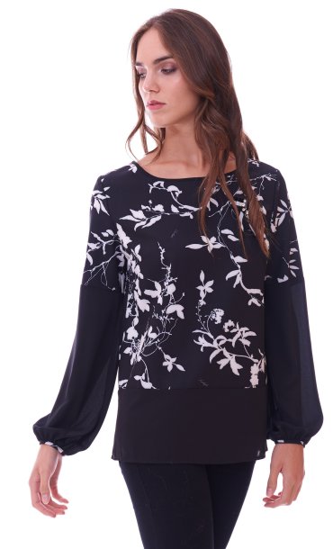 LUCKYLU PRINTED BLOUSE WITH GEORGETTE APPLICATION BLACK