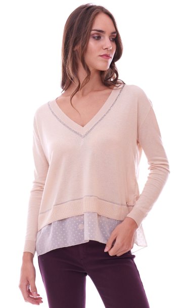 MAGLIA LUCKYLU CON INSERTI IN GEORGETTE E LUREX BEIGE