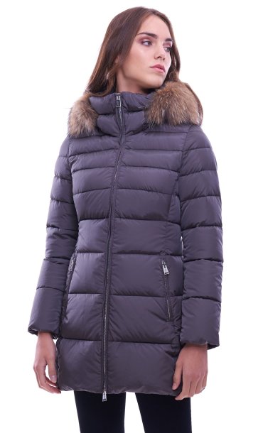 LONG GREY DOWN JACKET ADD WITH HOOD AND FUR