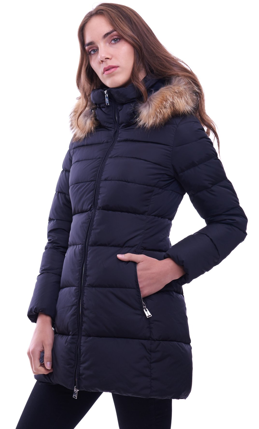 Women's down jacket ADD with hood and fur black KAW104 - Buy Now