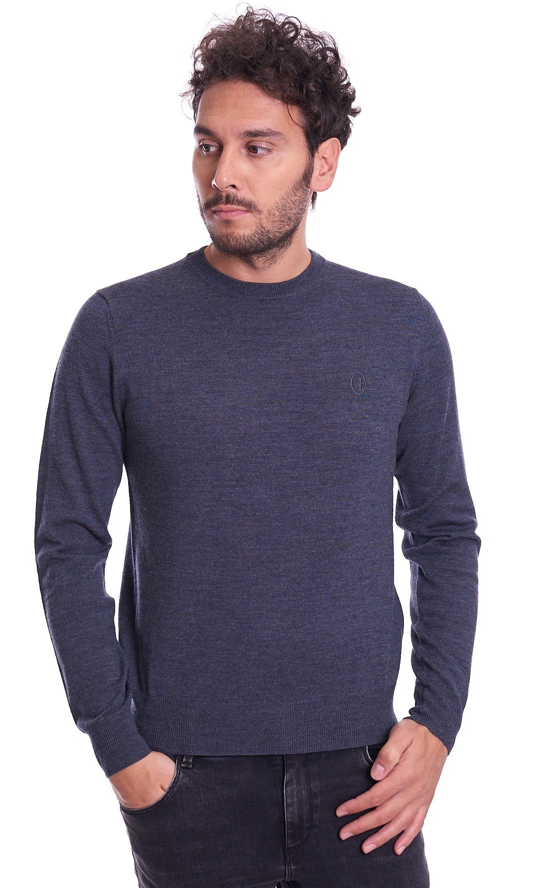 Trussardi jeans men's sweater round neck pure wool slim fit 52M00344