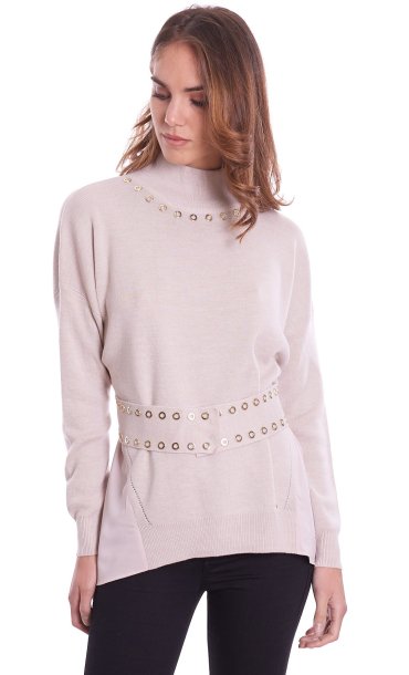 LUCKYLU SWEATER WITH STUDS AND BELT LIGHT GREY