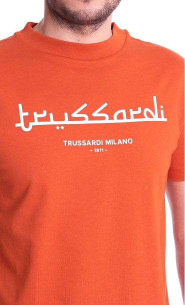 Trussardi men's orange t-shirt with printed logo boxy fit 52T00484