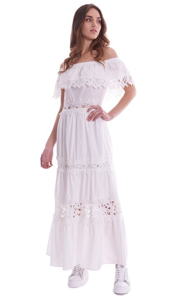 WHITE WISE LONG DRESS WITH FLOUNCES AND LACE