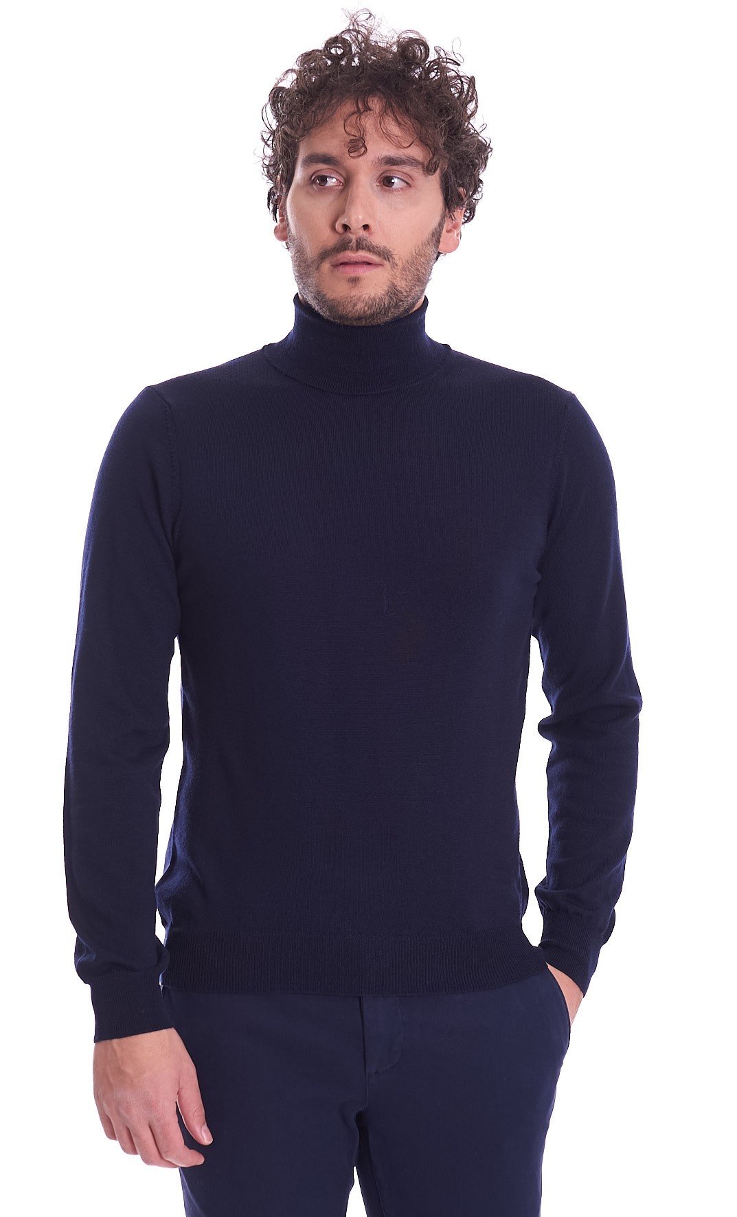 Men's merino wool turtleneck sweater blue and black | Made in Italy