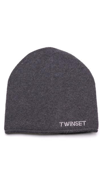 TWINSET KNIT HAT WITH LOGO GREY