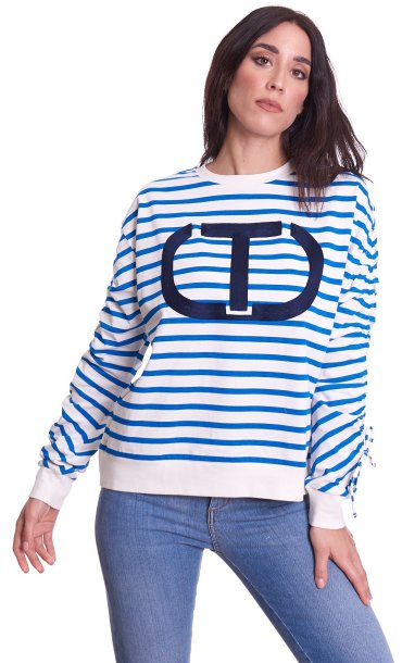 TWINSET STRIPED SWEATER WITH GATHERED SLEEVES
