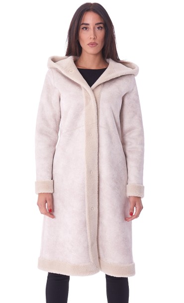 WHITE WISE LONG REVERBIBLE ECO SHEARLING WITH HOOD