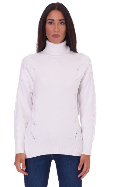 WHITE WISE TURTLENECK SWEATER WITH WOVEN SLEEVE