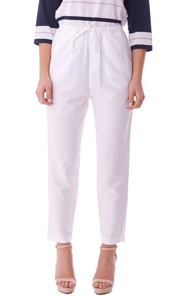 WHITE WISE MIX LINEN PANTS WITH ELASTIC WAIST