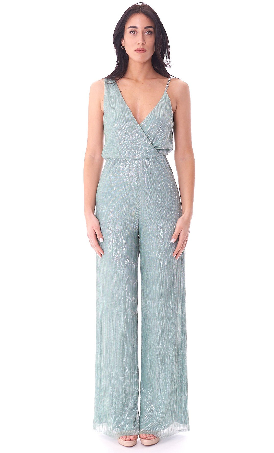 Women's White Wise lurex plissé jumpsuit green WW28512