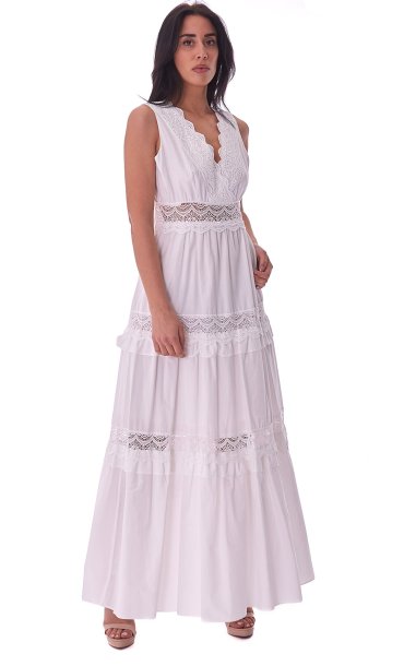 TWINSET LONG DRESS WITH LACE APPLICATION WHITE