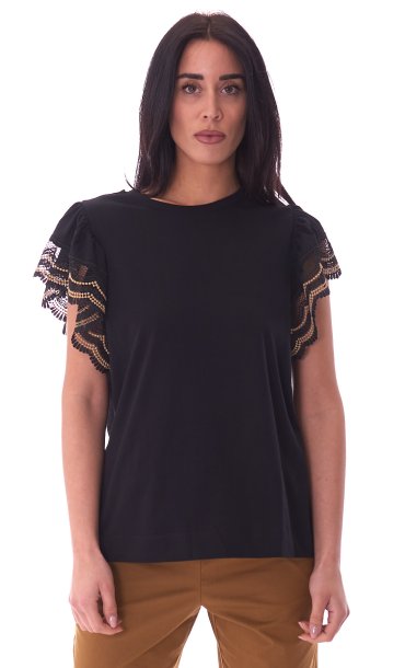 TWINSET T-SHIRT WITH LACE SLEEVE
