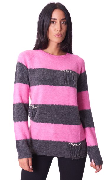 TWINSET ACTITUDE STRIPED MAXI SWEATER WITH FRINGES