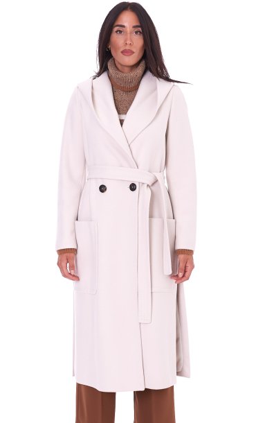 WHITE WISE LONG DOUBLEBREASTED COAT WITH HOOD AND BELT