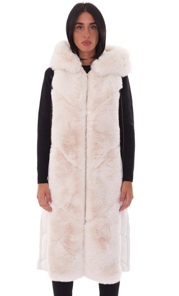 WHITE WISE LONG ECO SHEARLING WITH HOOD AND ZIP