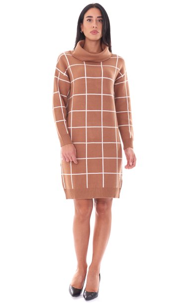 WHITE WISE TURTLENECK CHECKED DRESS CAMEL