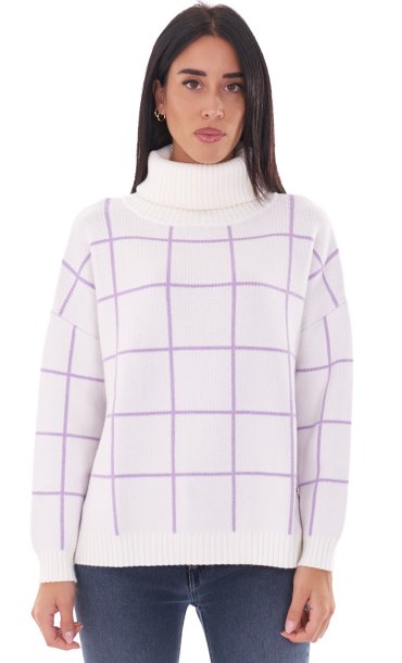WHITE WISE TURTLENECK CHECKED OVER FIT SWEATER