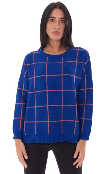 WHITE WISE ROUNDNECK CHECKED OVER FIT SWEATER