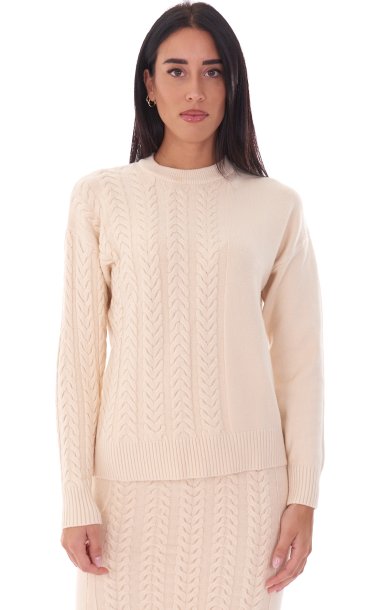 WHITE WISE ROUNDNECK BRAIDED SWEATER