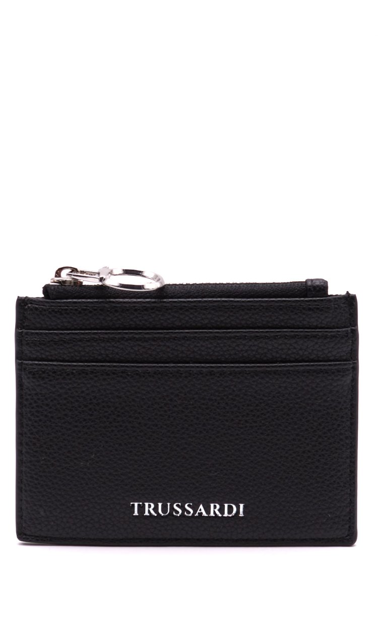 TRUSSARDI LEATHER CARD HOLDER WITH ZIP AND LOGO