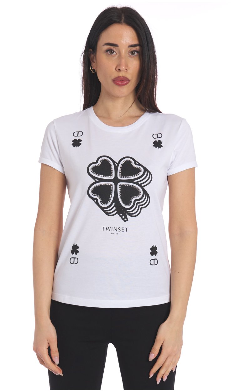 TWINSET T-SHIRT WITH QUADRIFOLIEF PRINT AND STRASS