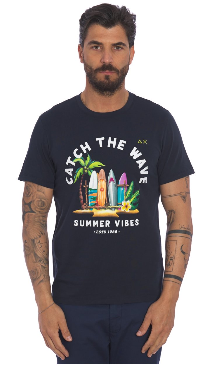 T-SHIRT SUN 68 STAMPA CATCH THE WAVE BLU