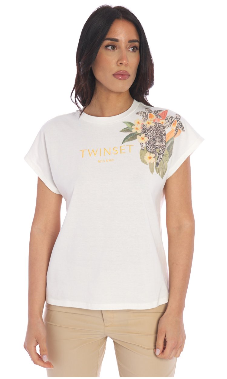 TWINSET T-SHIRT WITH FLORAL PRINT AND LOGO