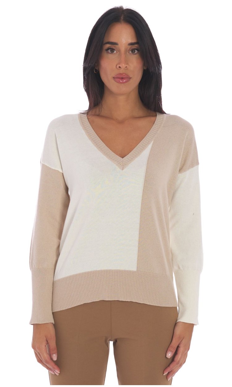 MARIA BELLENTANI TWO-TONE LONG SLEEVE V-NECK SWEATER