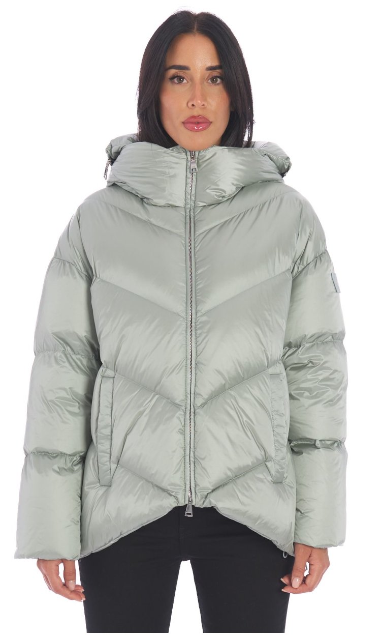 ADD FLARED DOWN JACKET WITH WRAP-OVER HOOD COLLAR AND SIDE ZIPPERS