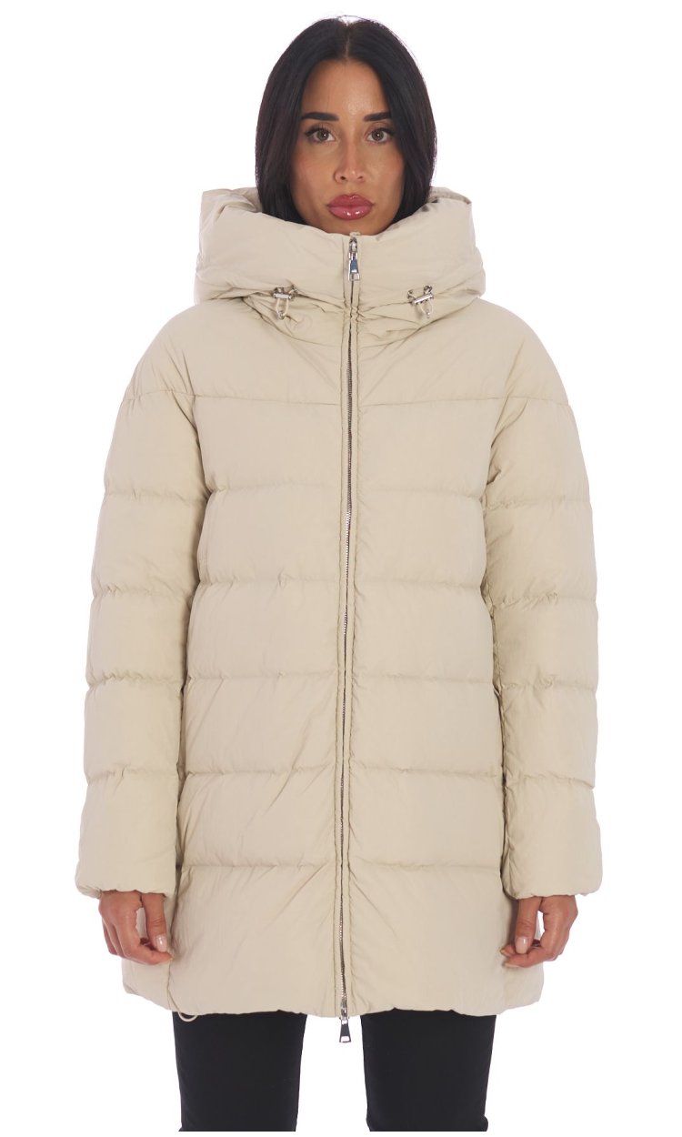 ADD FLARED LONG HODDED RASOLIGHT DOWN JACKET