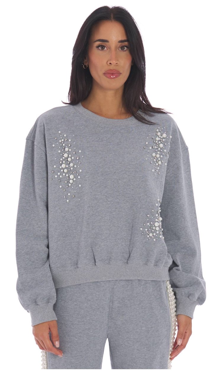 TWINSET ACTITUDE GREY SWEATSHIRT WITH PEARLS