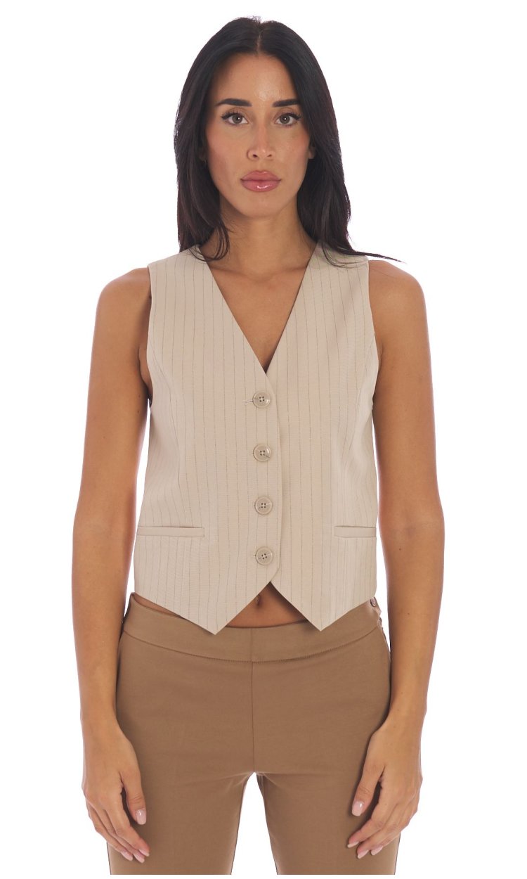 PINSTRIPED TWINSET VEST WITH BEIGE LUREX