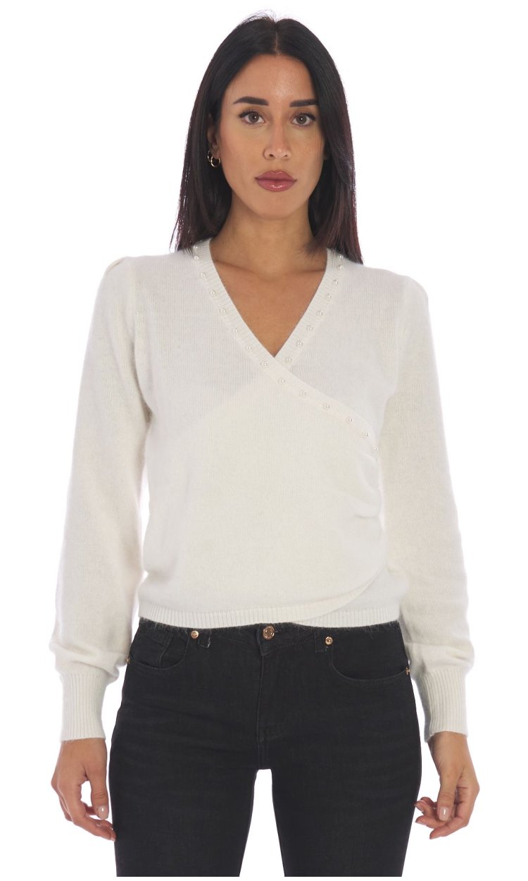 WHITE PEARL CROSSED TWINSET SWEATER