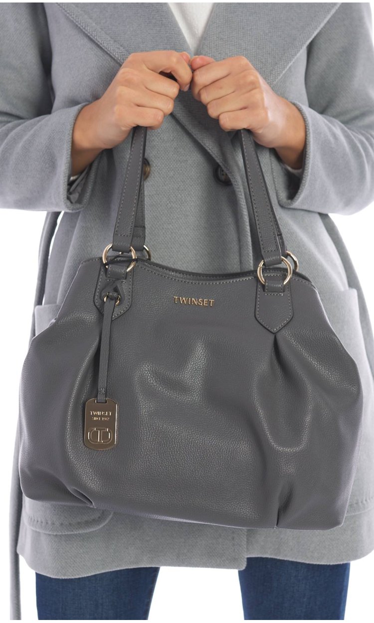 TWINSET TOTE BAG WITH LOGO LETTERING AND PENDANT GREY