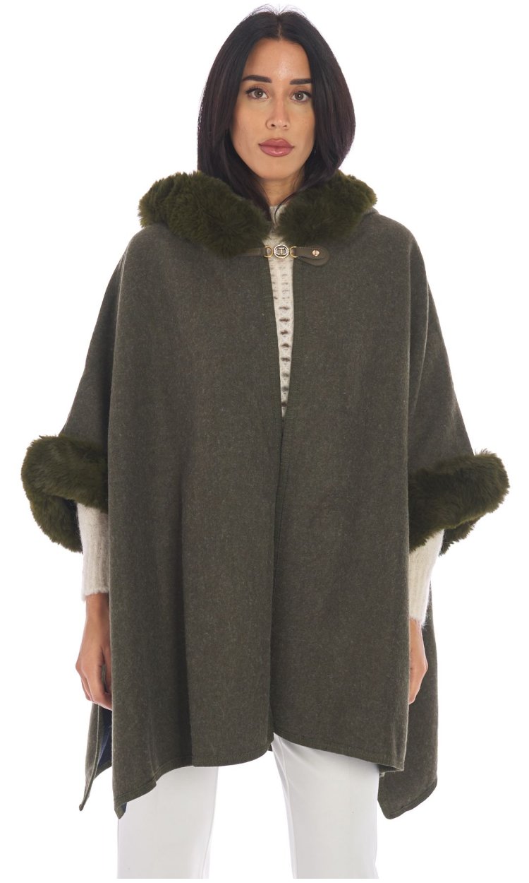 PONCHO TWINSET CON CAPPUCCIO E POLSI IN ECOPELLICCIA