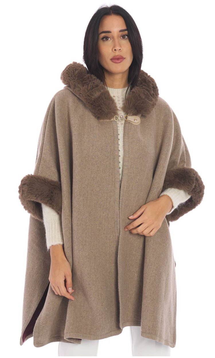 TWINSET PONCHO WITH ECO FUR HOOD AND CUFFS