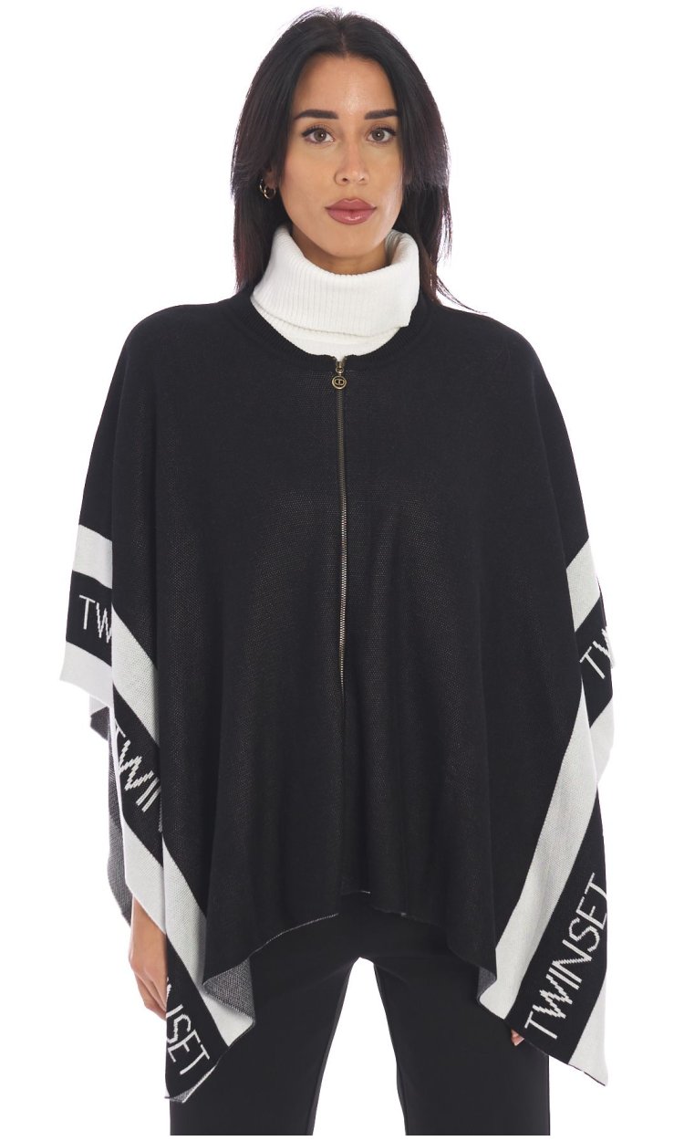 PONCHO TWINSET CON ZIP E LOGO NERO