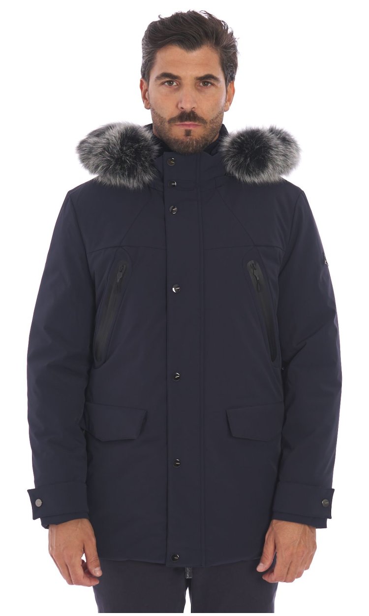 HESKIMO LONG BLUE DOWN JACKET WITH HOOD AN ECOFUR