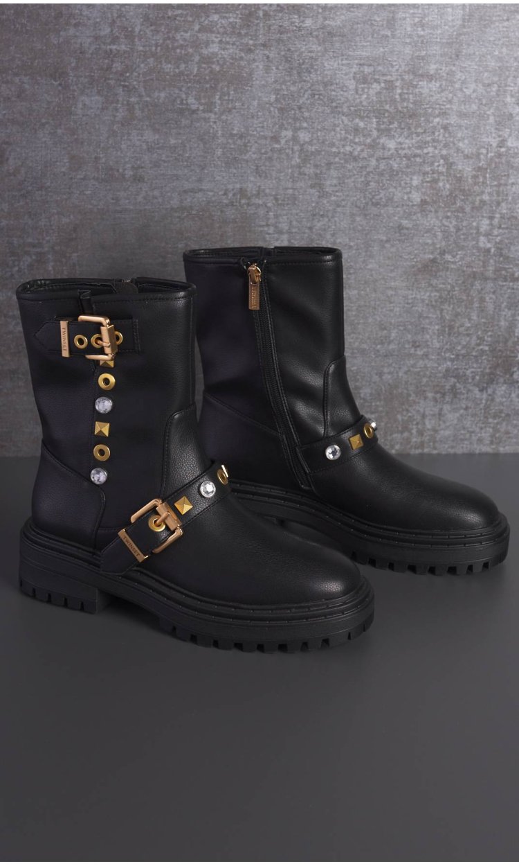 TWINSET BIKER BOOTS WITH BLACK STUDS AND RHINESTONES