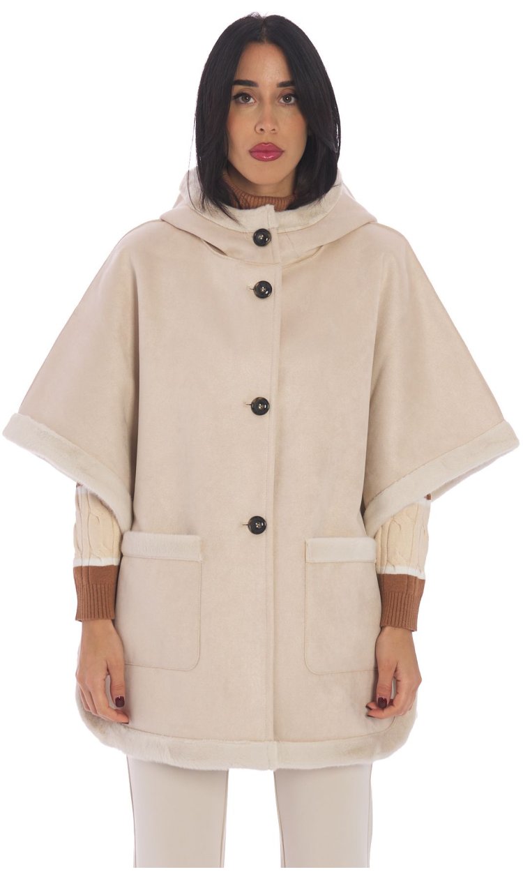 WHITE WISE FAUX SHEEPSKIN HOODED CAPE