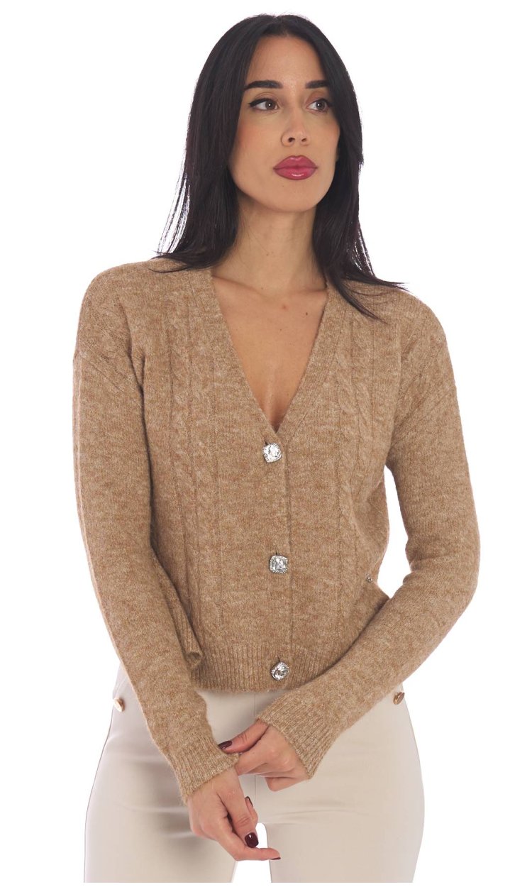 WHITE WISE CABLE KNIT CARDIGAN WITH JEWEL BUTTONS