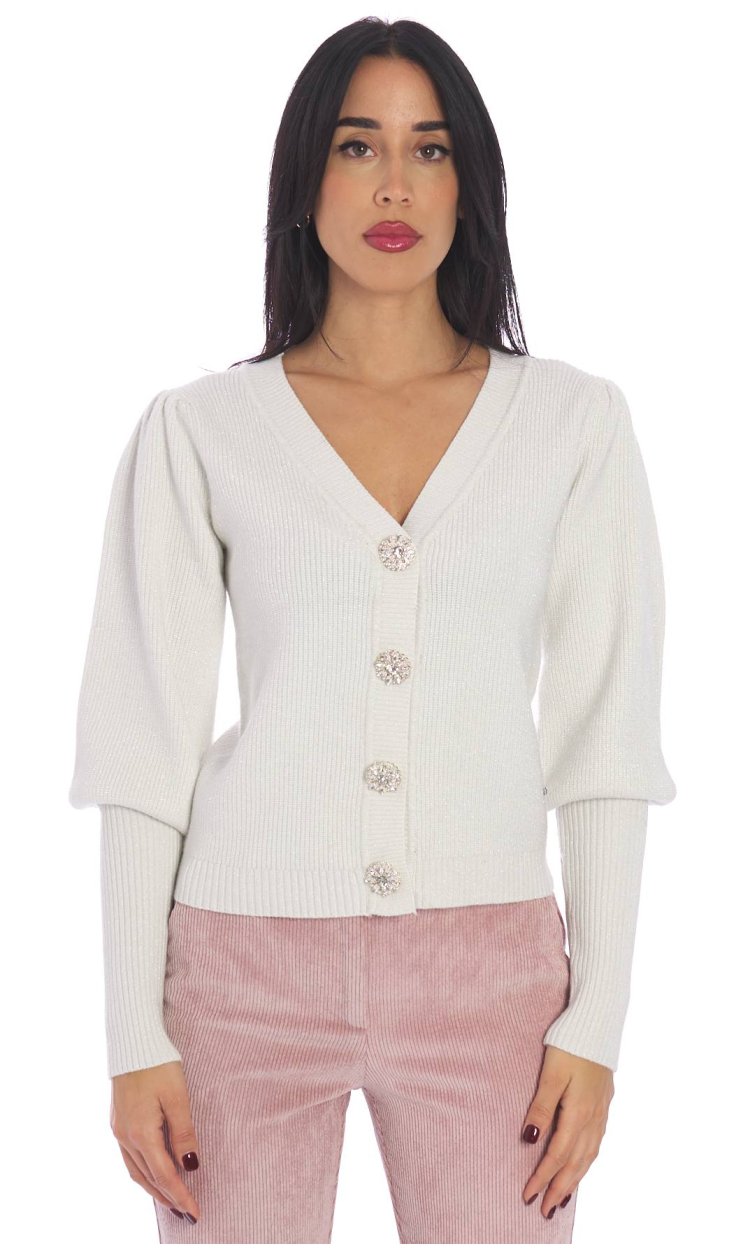 WHITE WISE LUREX CARDIGAN WITH PUFF SLEEVES