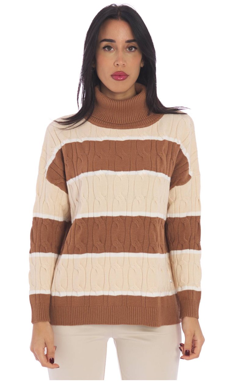 WHITE WISE STRIPED TURTLENECK SWEATER WITH BRAIDS