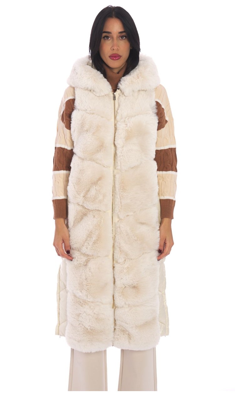 WHITE WISE LONG SLEEVELESS JACKET WITH ECOFUR APPLICATIONS